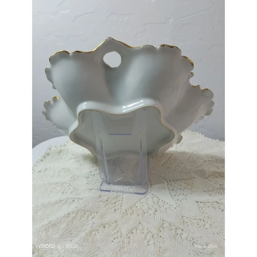 Vintage Floral Porcelain Trinket Dish Star Ruffled Edge Bowl Gold Trim